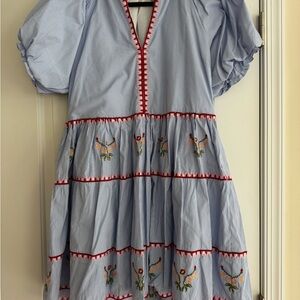 Hyacinth House Light Blue Striped Tiered Dress with Red Trim & Floral Embroidery